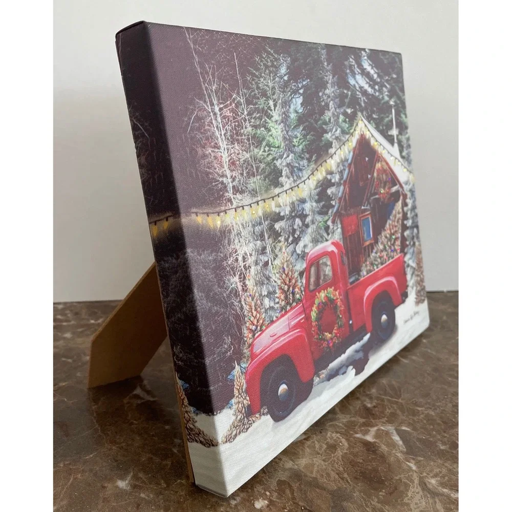 2 Celebrate Life Gallery LED Lighted Canvas Print Red Truck Snowy Forest Holiday
